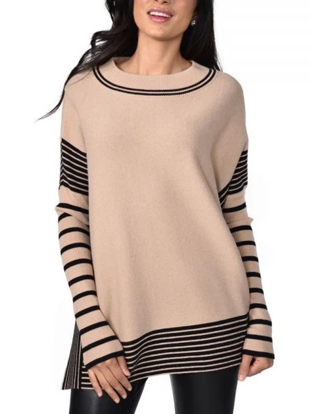 365. Frank Lyman Striped Oversized Tunic Sweater Beige Black Size M